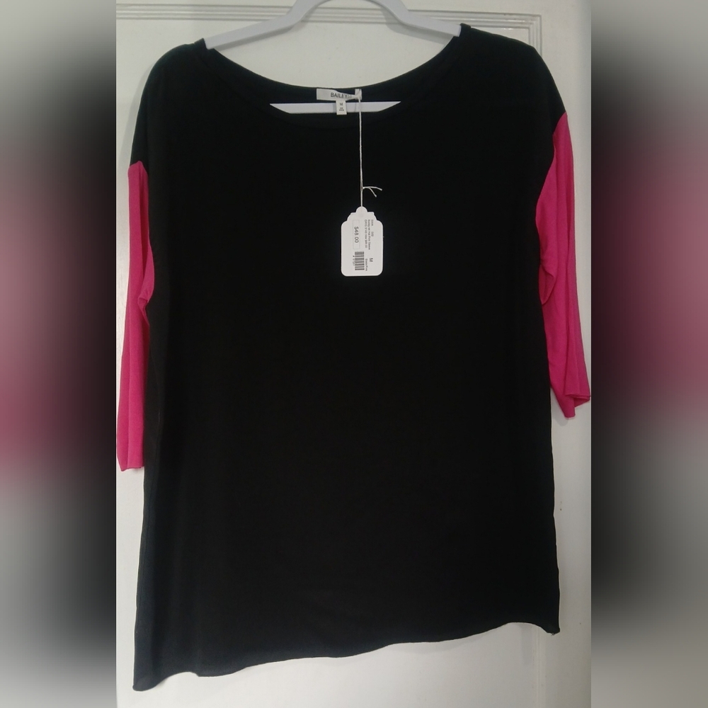 Bailey 44 Black Top with Bright Pink Sleeves NWT